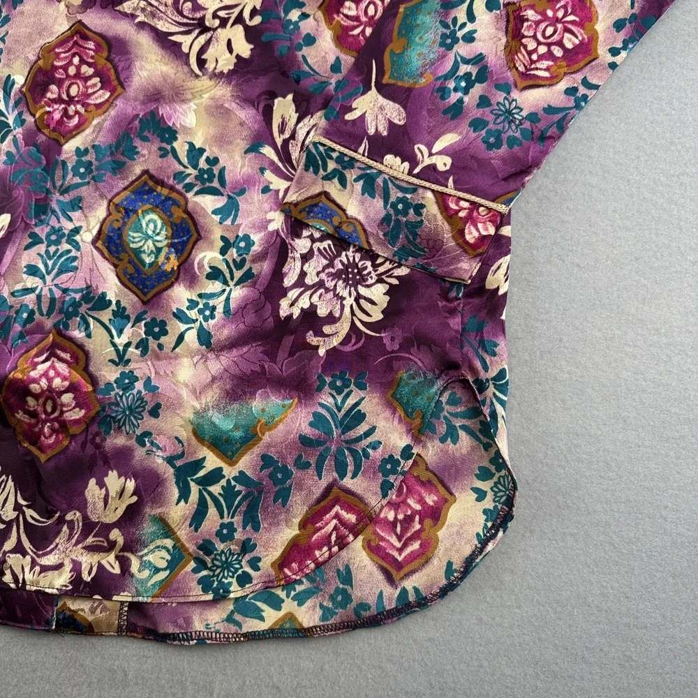 Kathryn Satin Floral Sleep Shirt Nightgown Button Green Blue Purple Size M